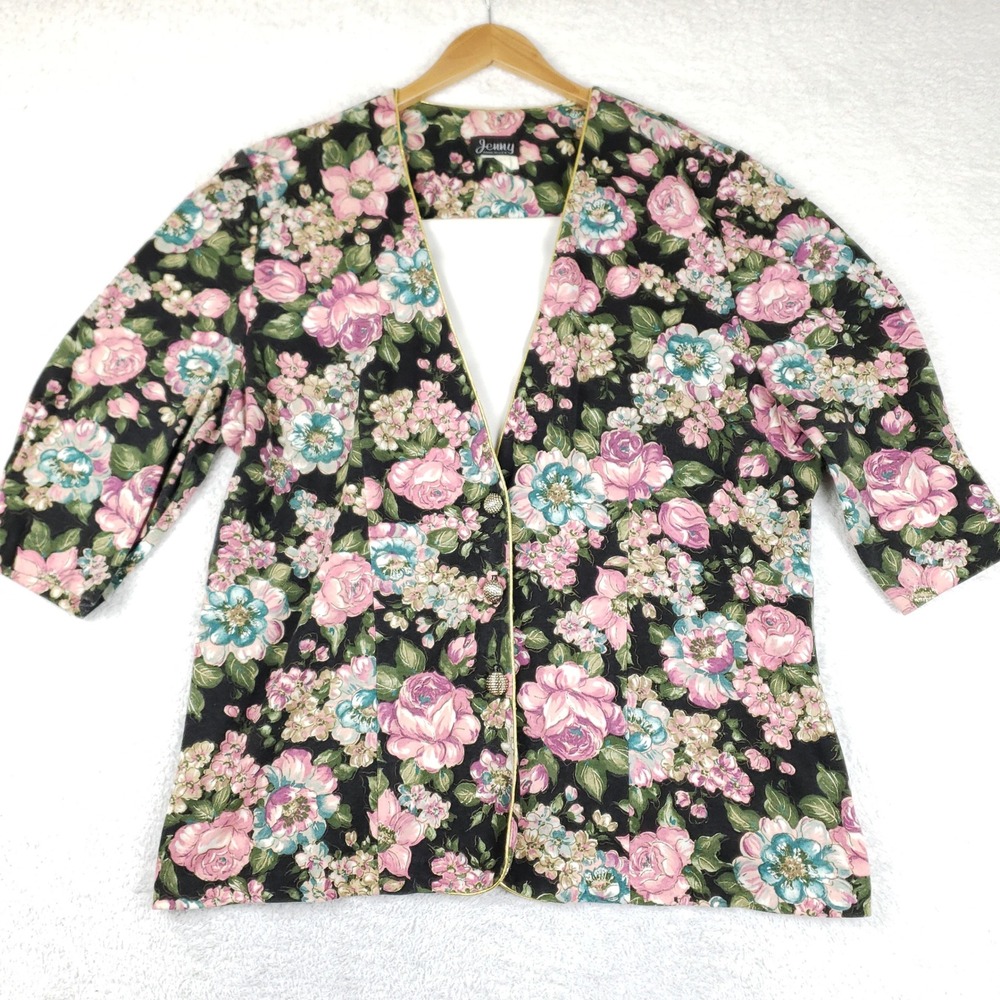 Jenny Vintage 90s Floral Rose Blazer Gold Trim Back Cutout Black Pink Plus 22W